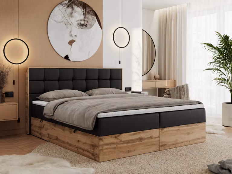 MKS MEBLE Letto boxspring 140x200 con contenitore in rovere, letto imbottito 140x200 con materasso H4, letto 140x200 con testiera, rovere Wotan - 140x200 - Pelle finta nera - Albero-1