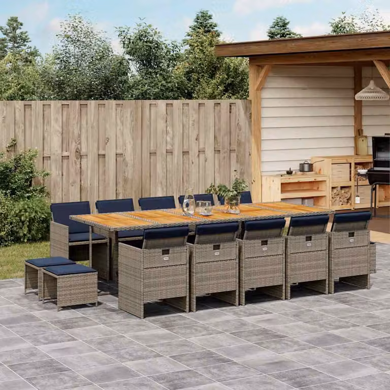Set da pranzo da giardino vidaXL in polyrattan e legno di acacia con 15 pezzi e cuscini, colore grigio