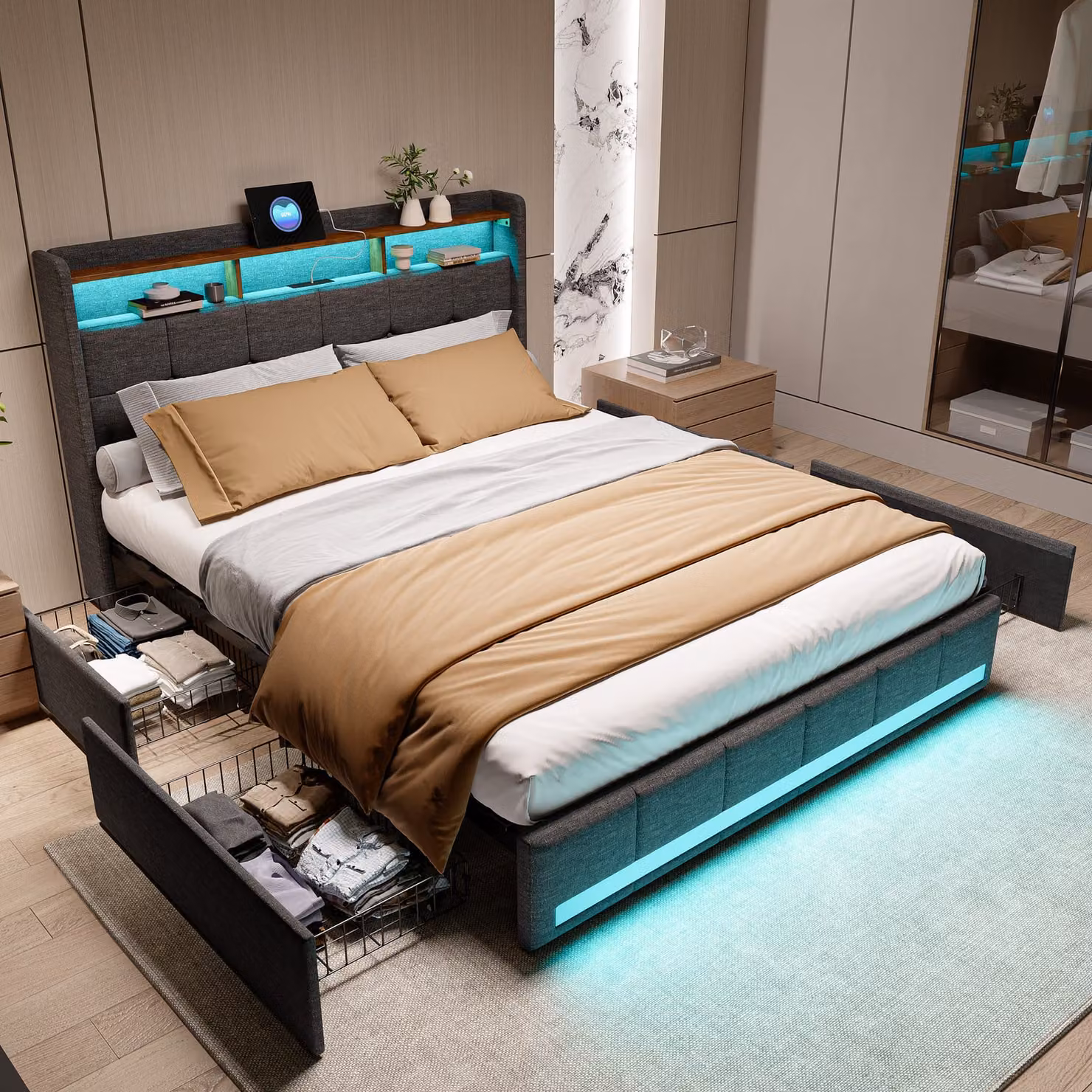 160x200 struttura letto LED e 2 USB, Type-C, letto imbottito letto matrimoniale con 4 cassetti, lino, grigio