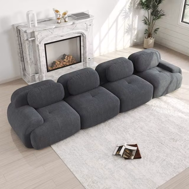 Divano ad angolo modulare in tessuto corduroy senza montaggio con braccioli ergonomici grigio per camera e ufficio