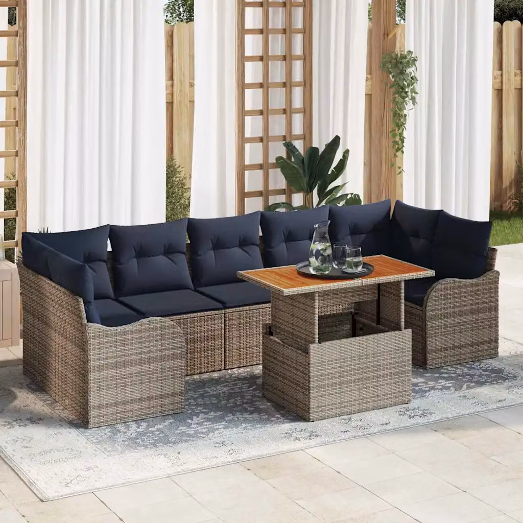 Set Divano da Giardino Moderno vidaXL 8 pz in Polyrattan con Legno di Acacia Grigio e Blu Navy