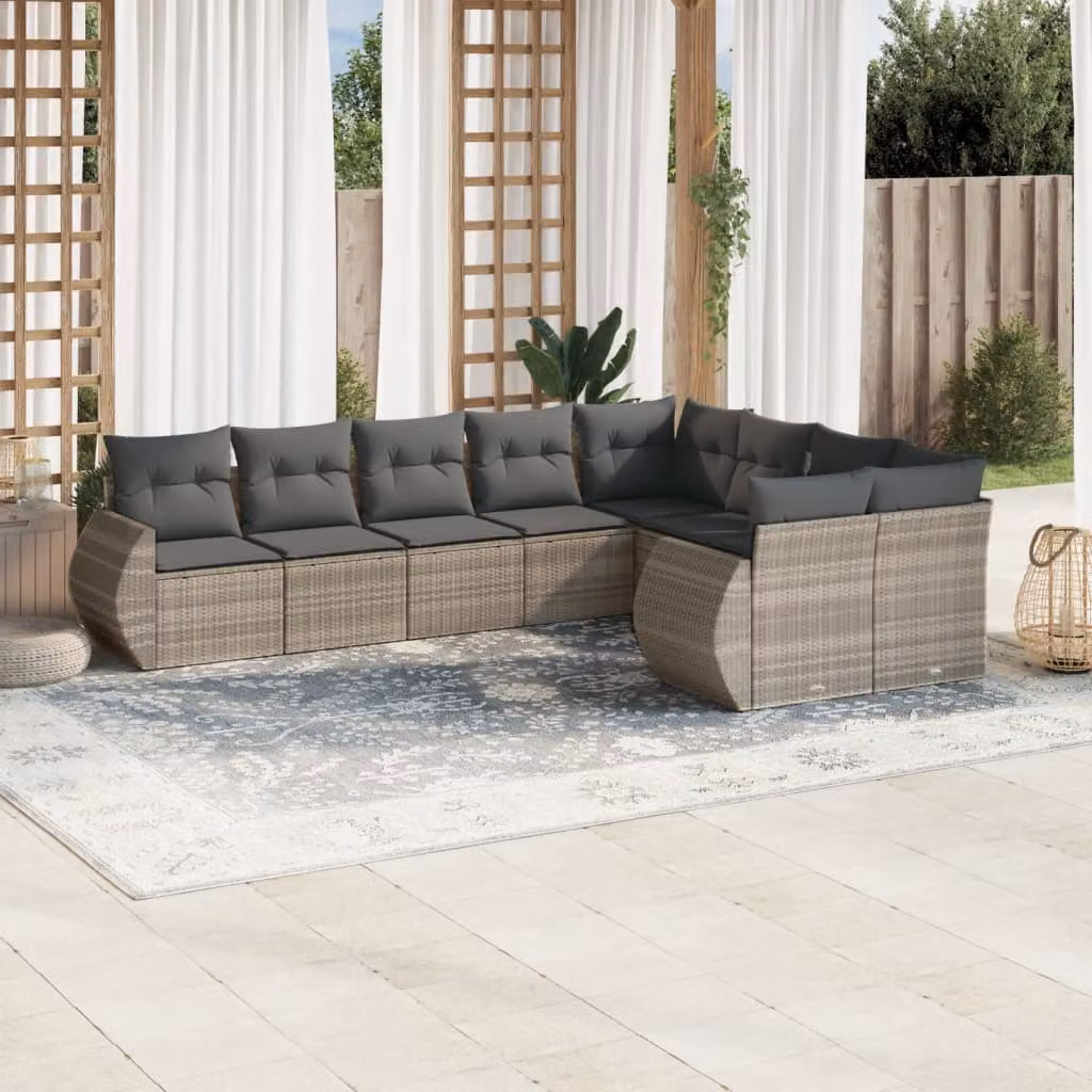vidaXL Set Divano da Giardino a L in Polyrattan con Cuscini Grigio Chiaro e Struttura in Metallo, 9 Pezzi – 1