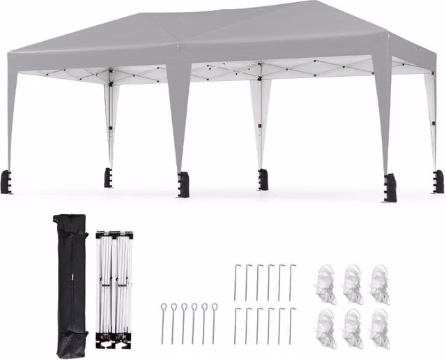 Gazebo pop-up portatile da esterno con borsa con ruote per campeggio 12 picchetti, Tenda pieghevole 590x300 cm Grigio