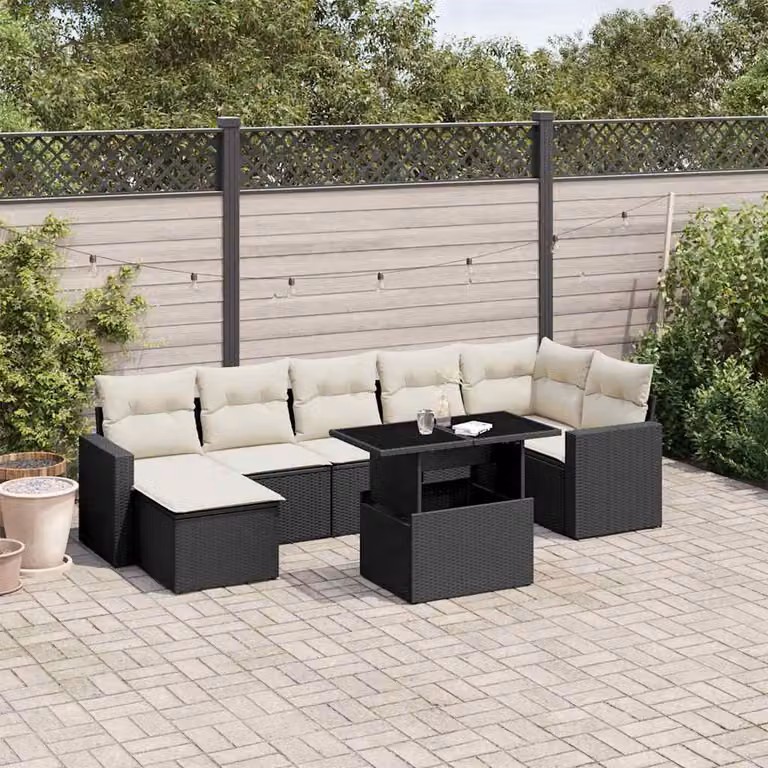 Set di divani da giardino vidaXL a forma di L con cuscini e tavolino, 8 pezzi in polyrattan nero e bianco con struttura in metallo e vetro