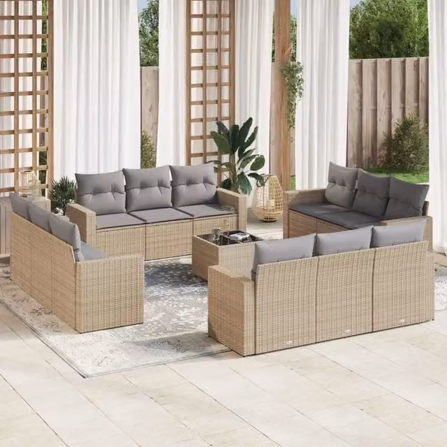 Set Divano da Giardino a Forma di U VIDAXL in Polyrattan Beige con 13 Pezzi e Cuscini – 1