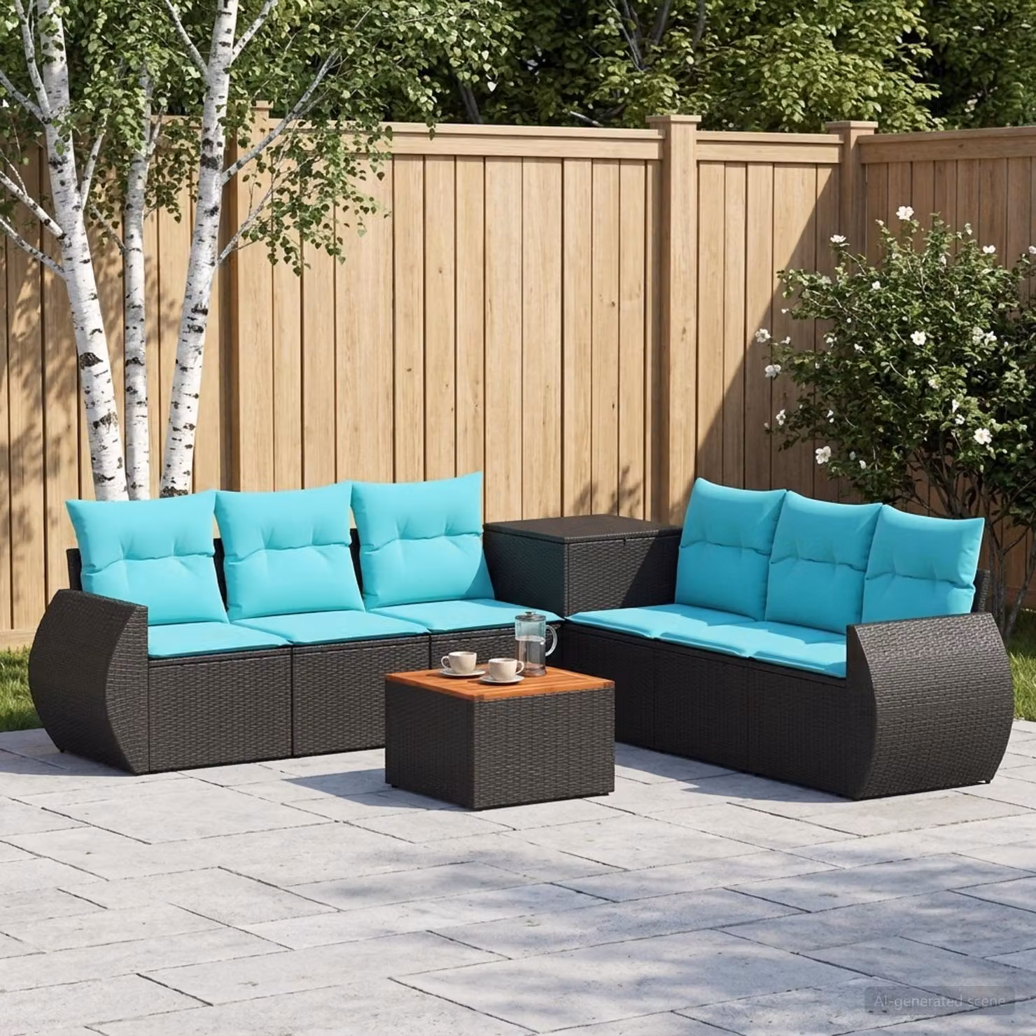 vidaXL Set di divani da giardino a forma di L con tavolo da caffè, 8 pezzi, Nero e Blu, in rattan e acciaio verniciato a polvere