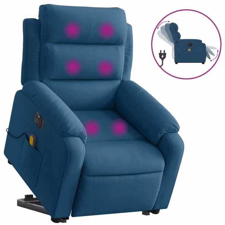 Poltrona Alzapersona Massaggi Elettrica Reclinabile Blu Velluto