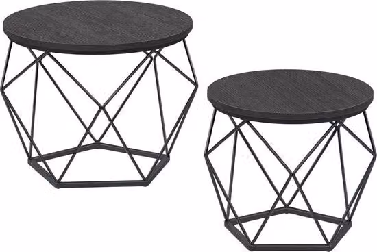 Tavolo da salotto rotondo, set da 2 tavoli da notte, Tavolo da notte, Stile moderno, Laminea rimovibile, Struttura in acciaio, per soggiorno, Grigio leggero e Nero di inchiostro