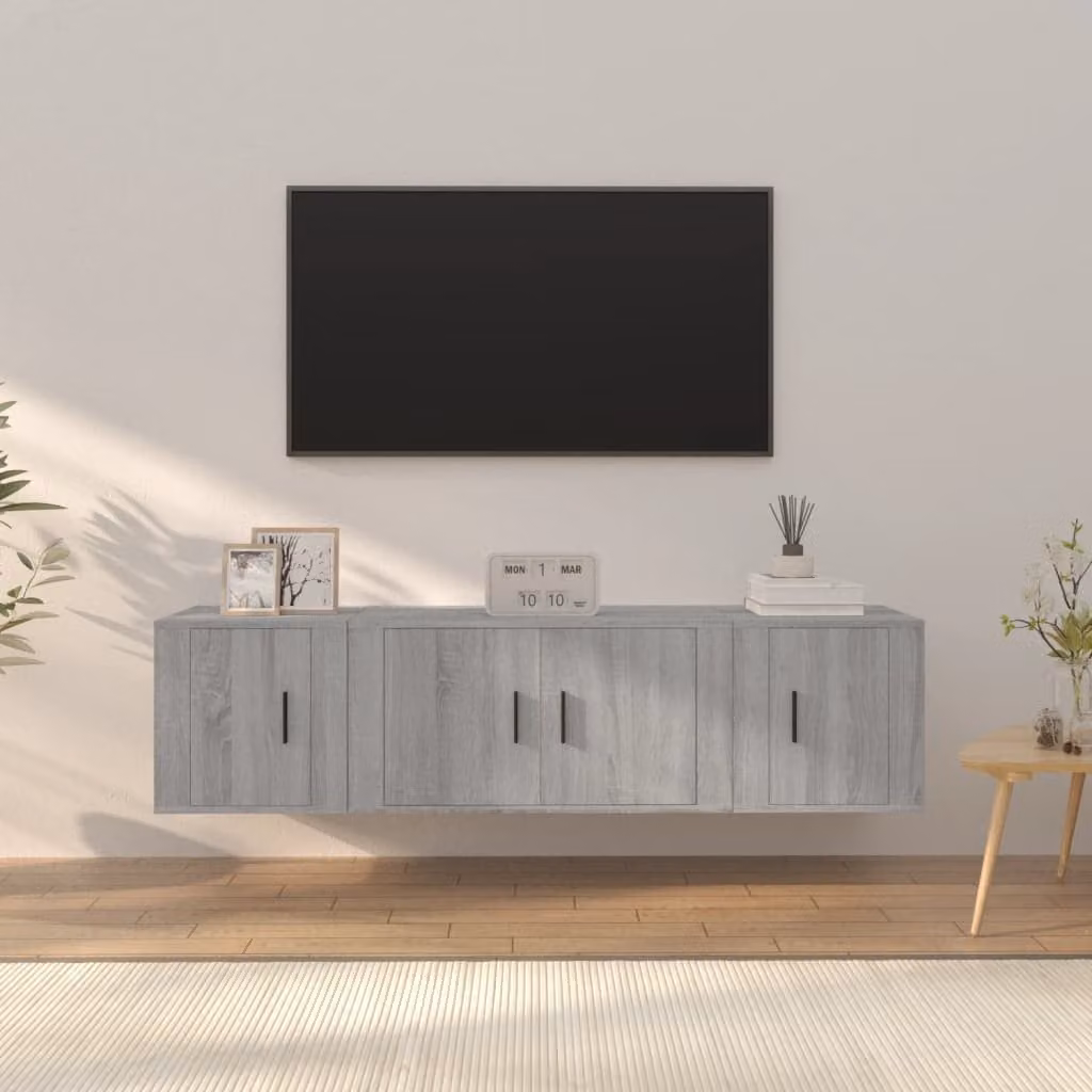Set di mobili porta TV da 3 pezzi vidaXL in legno multistrato, colore grigio, design classico a parete per il tuo soggiorno