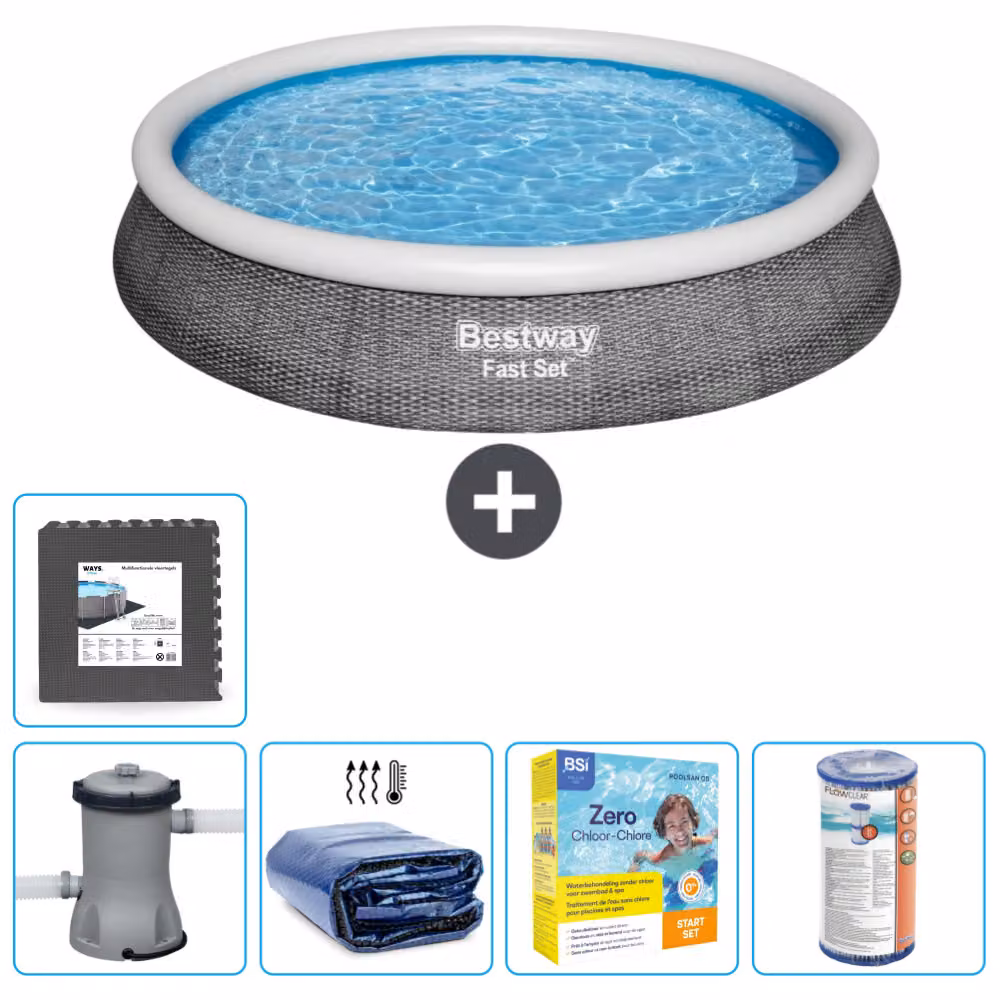 Set piscina gonfiabile rotonda Bestway - stampa rattan - 396 x 84 cm - inclusa pompa tenda da sole - pacchetto manutenzione - filtro - pavimento in piastrelle
