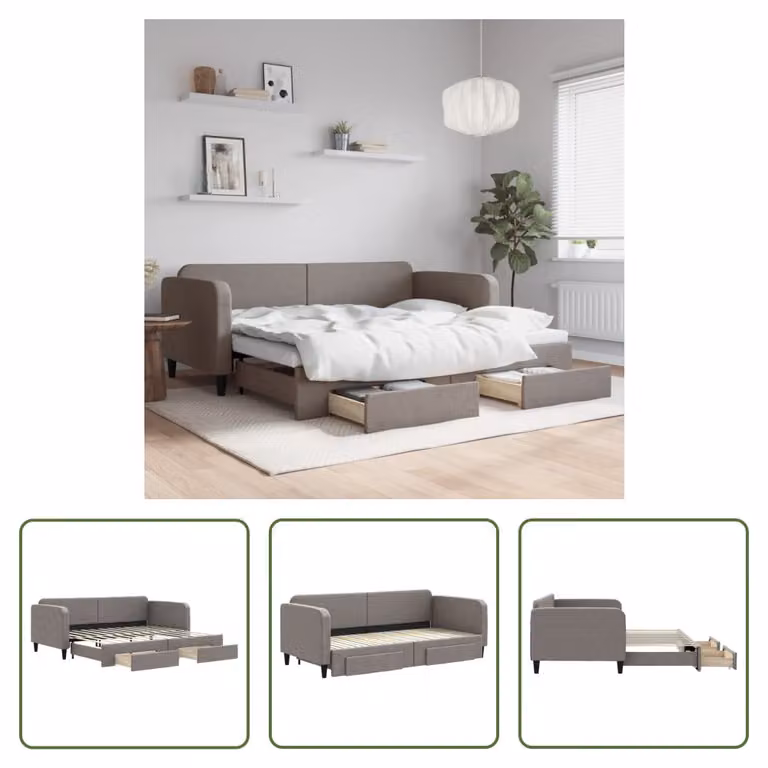 The Living Store Letto allungabile con cassetti Taupe 90x200 cm tessuto