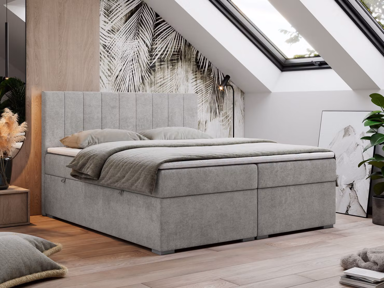 Letto con rete a molle 180x200, letto 180x200 con materasso e topper, letto con rete a molle e contenitore, letto matrimoniale - LOPE - 180x200 - Grigio chiaro - Struttura H3