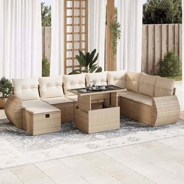 Set Divano da Giardino 9 pz vidaXL in Polyrattan Beige con Cuscini e Tavolino da Esterno – 1