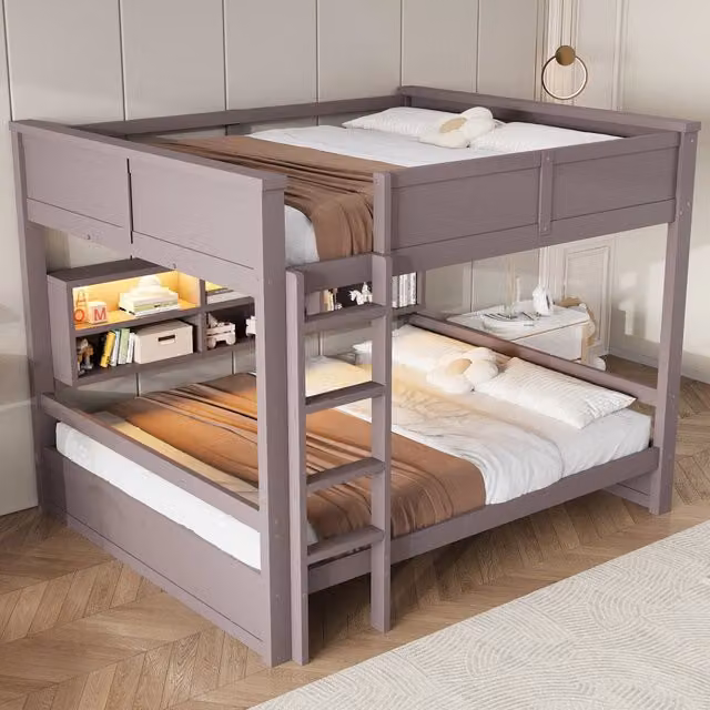Letto a castello 160 × 200 cm con 6 vani contenitore e luci LED, senza materasso, in pino e MDF, marrone