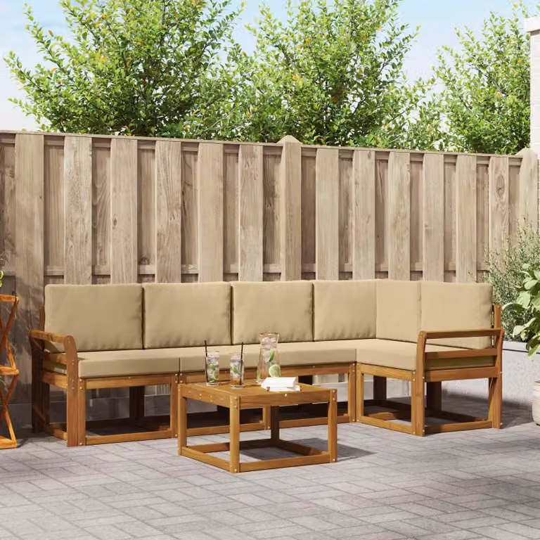 Set di divani da esterno vidaXL a forma di L in legno di acacia con tavolo da caffè e cuscini, Beige e Marrone