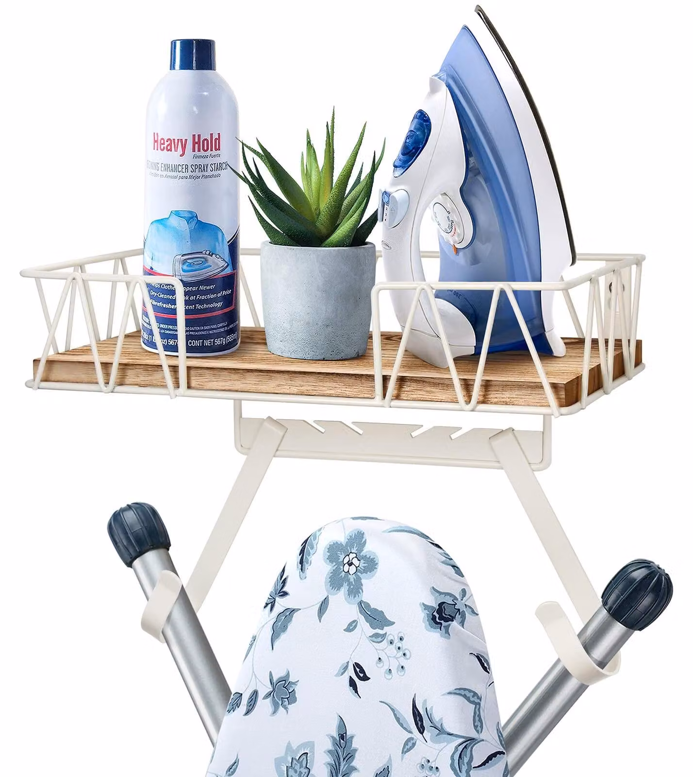 Omgoods - Gancio per asse da stiro con ampio cesto portaoggetti - Supporto per asse da stiro - Supporto a parete - Ganci in metallo - Gambe a forma di T/Y - Elegante e robusto