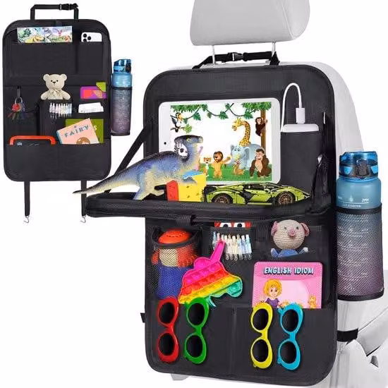 Organizzatore per sedile auto Ibenzoa® con tavolino pieghevole per bambini – 11 scomparti, protezione per il sedile posteriore, tessuto Oxford impermeabile, 65x42 cm, tavolino pieghevole 42x24 cm