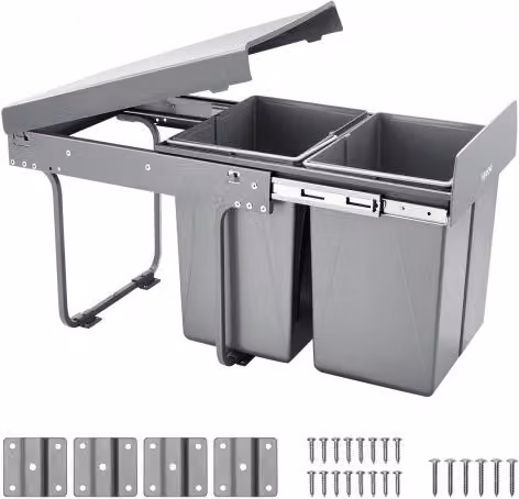 VEVOR Pattumiera da Incasso Sotto Lavello con 2 Cestini da 20 L, Sistema Estrattibile Scorrevole in Metallo e Plastica, Colore Grigio