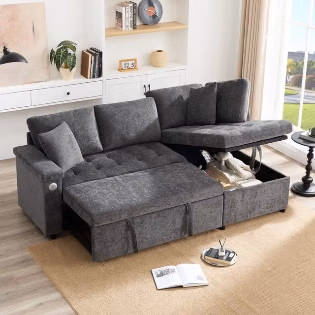 Divano angolare REDOM grigio con funzione letto, porta bicchieri e ricarica USB, lato destro L/P/H: 209 x 130 x 84 cm