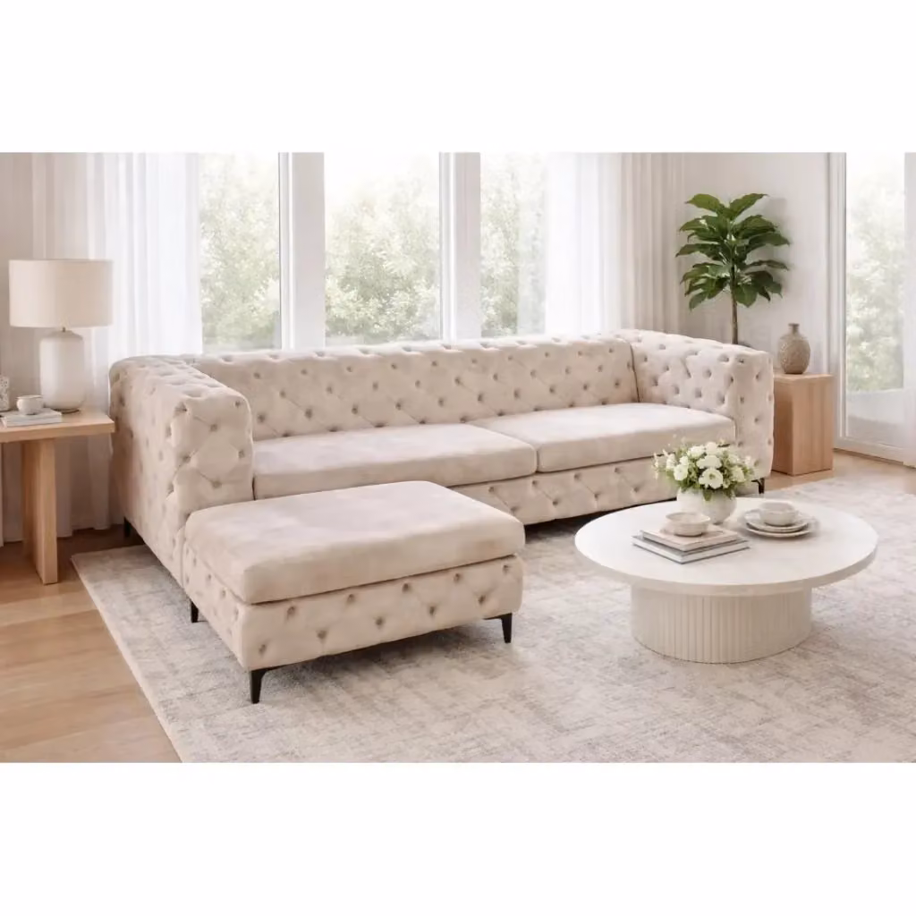 Set Divano e Pouf VELENA Meublorama in Velluto Champagne con Piedini in Metallo Nero e Struttura in Legno e Metallo – 2