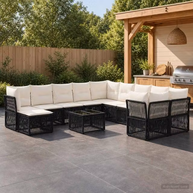 Set Divano da Giardino a L vidaXL in Polyrattan Nero con Tavolino e Ottoman, 12 Pezzi – 1