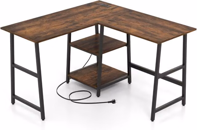 Scrivania angolare moderna in MDF laminato opaco con struttura in metallo e legno, colore marrone e nero, ideale per home office