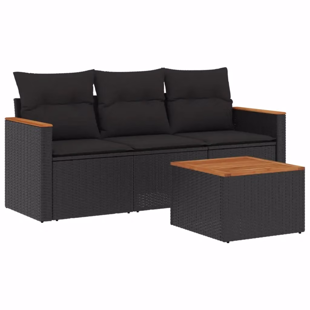 Set di divani da giardino vidaXL 4 pezzi in polyrattan nero con cuscini e tavolino da esterno – 2