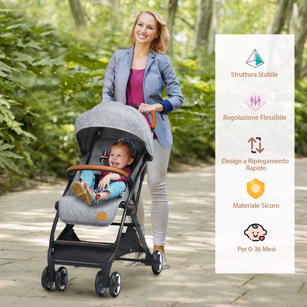 Passeggino pieghevole Costway con telaio in alluminio per bambini 0-3 anni, Grigio