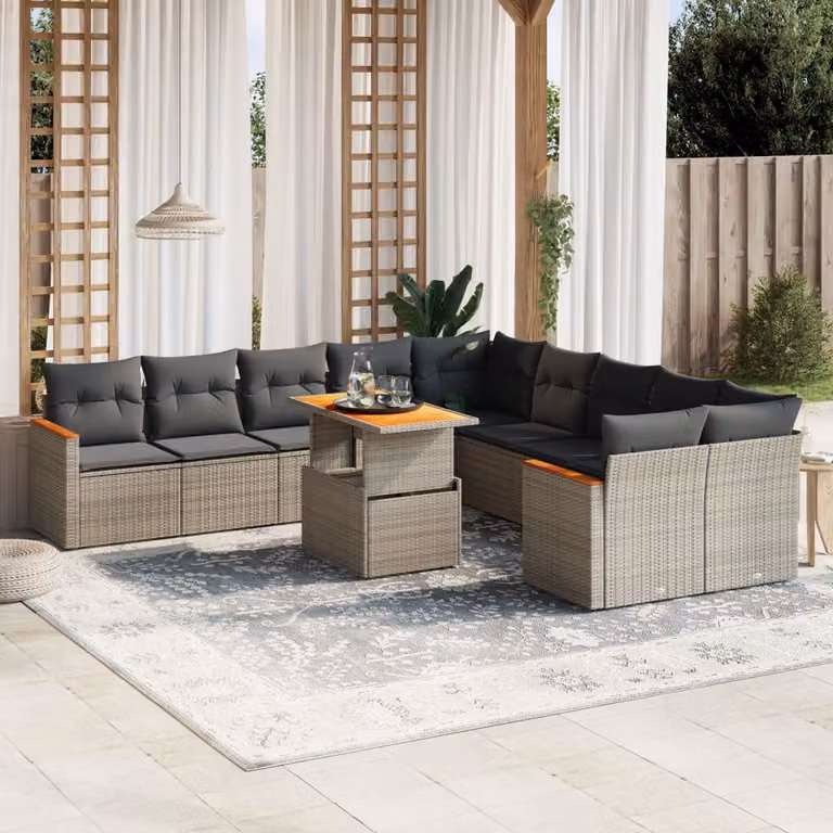 Set di divani da giardino vidaXL 11 pz in polyrattan grigio con cuscini e tavolino da esterno a forma di L