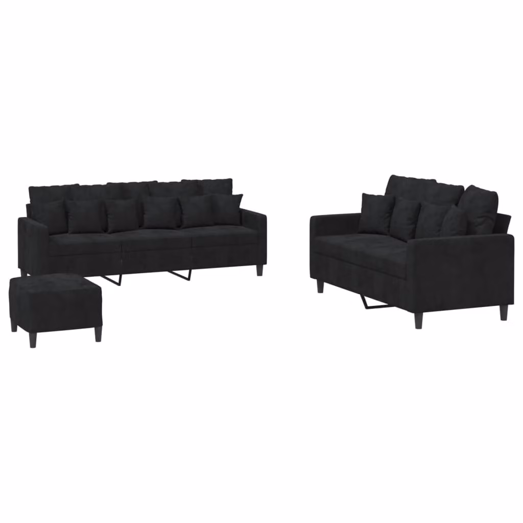 Set di Divani 3 pz con Cuscini Nero in Velluto
