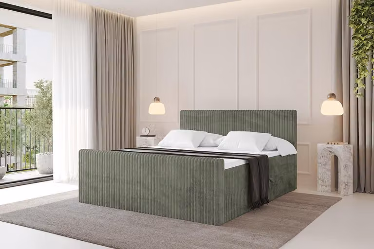 Letto boxspring ALTDECOR con pediera - TOLO-Z 160x200 Cord - Olive - Set completo con materasso a molle Bonell e topper, letto imbottito con materasso H3 e contenitori, rete a doghe, letto con contenitore, letto matrimoniale, letto box
