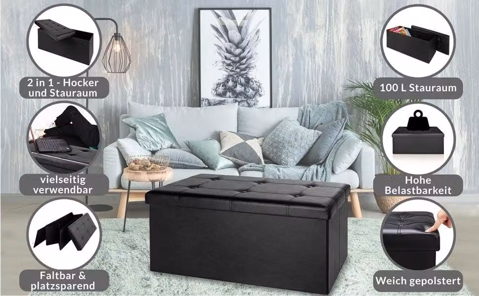 Panca contenitore pieghevole in MDF, 80x40x40 cm, seduta rimovibile, nera