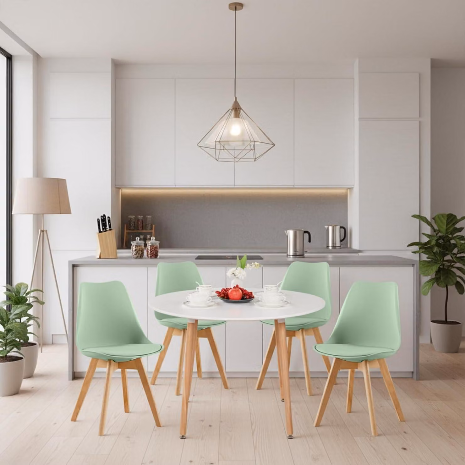Tavolo da pranzo con 4 sedie, set completo, colore bianco e noce, con dettagli color verde "ice cream", dimensioni 100 cm
