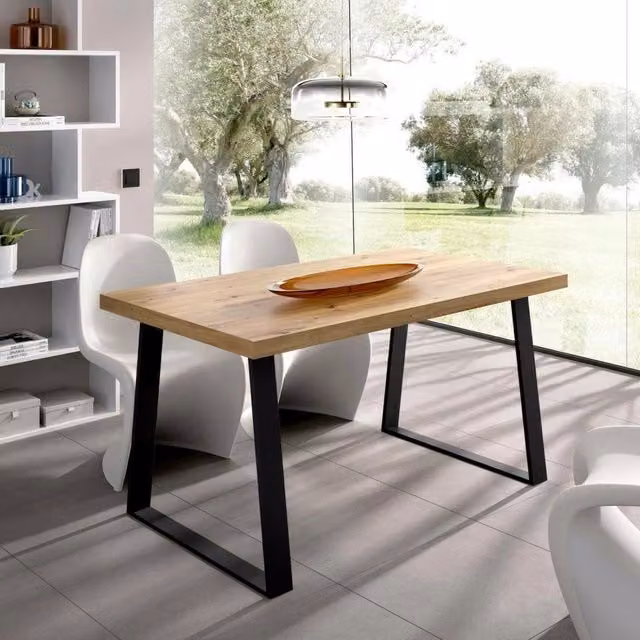 Tavolo da pranzo rettangolare DMORA in legno color rovere, ideale per cucina o ufficio, L: 140 cm, P: 90 cm, H: 75 cm – 1