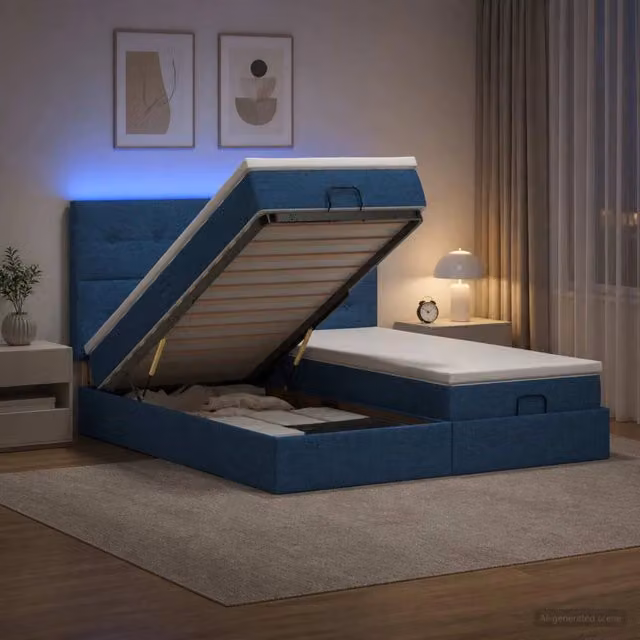 Letto Ottomano con Materasso vidaXL in Tessuto Blu e Bianco con Illuminazione LED e Porta USB L/P/H: 180 x 200 x 88 cm