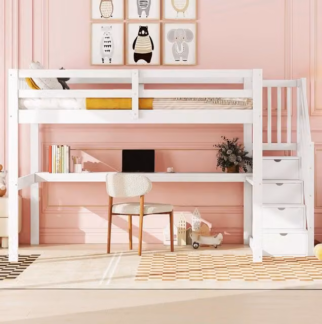 Letto a soppalco 140x200 cm bianco – con scrivania e spazio contenitore, senza materasso