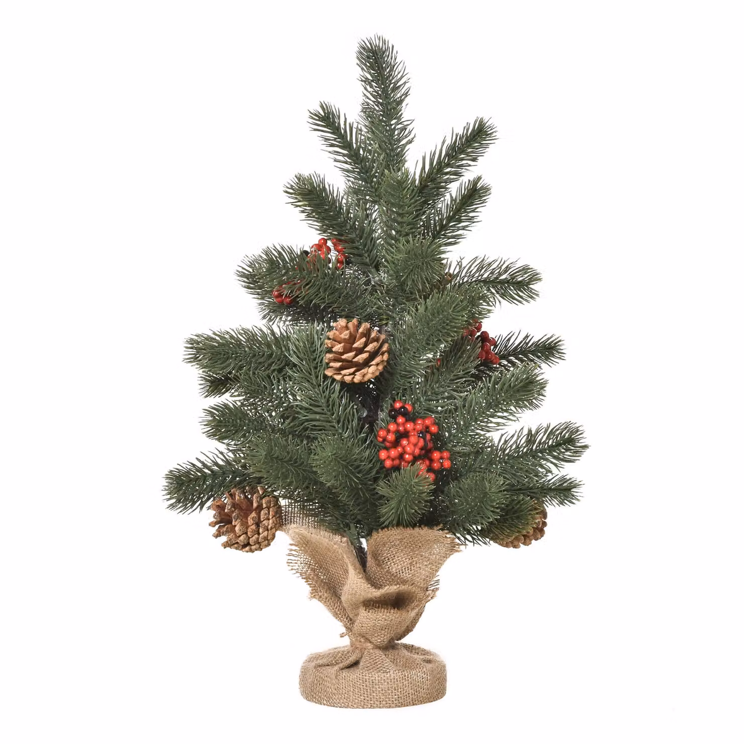 Albero di Natale artificiale da 50 cm con 55 rami, 4 bacche rosse e 4 pigne, base stabile in PE e cemento, Ø 28 x 50 cm, 50 cm