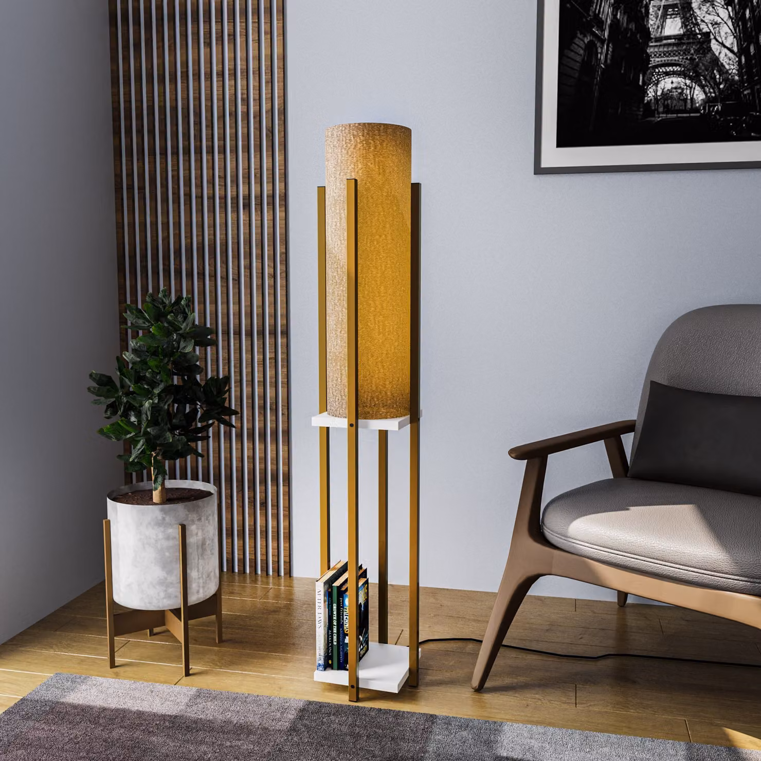 Opviq, Lampada da scaffale - 8134, lampada da terra, CORPO IN METALLO, oro, 25 x 25 x 130 cm