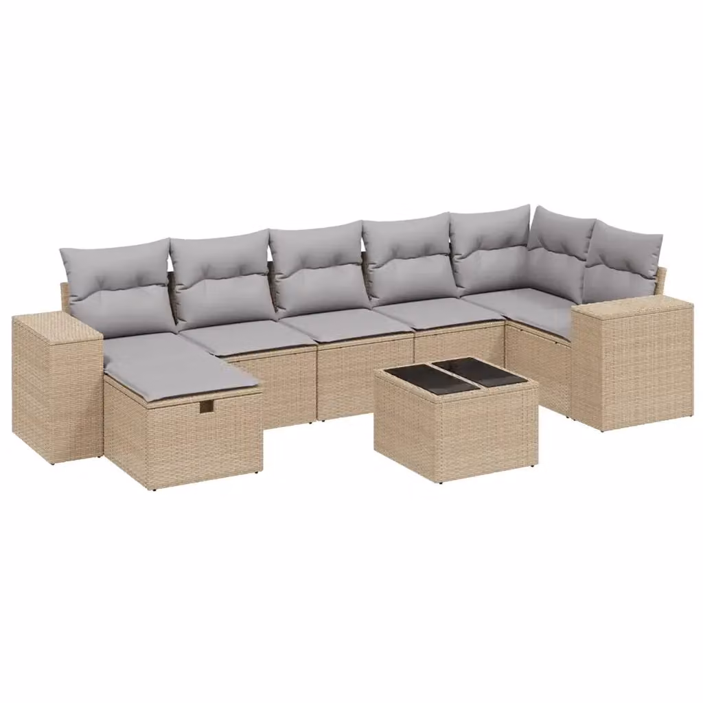 vidaXL Set Divano da Giardino 8 pz a Forma a L in Polyrattan con Cuscini Beige e Grigio e Tavolino in Vetro – 2