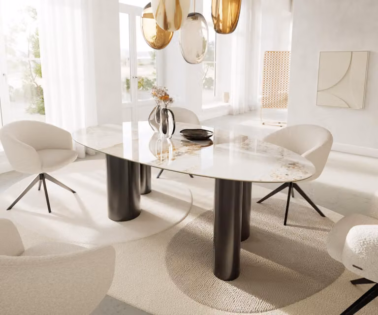 Tavolo da pranzo DELIFE Edge ovale 220x120 Vetroceramica Minas melange bianco-beige pilastri acciaio inox grafite
