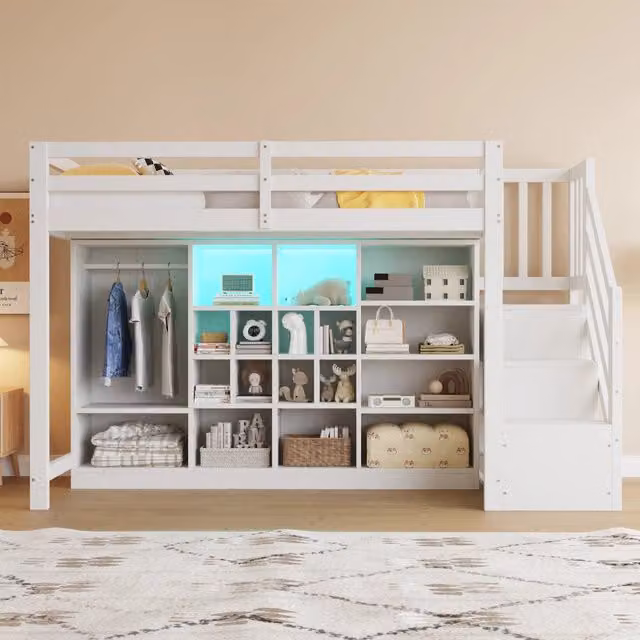 Letto a Soppalco 90x200 in Legno Bianco con Armadio; Scala Contenitore e Illuminazione LED; 252.7x96x159.2 cm