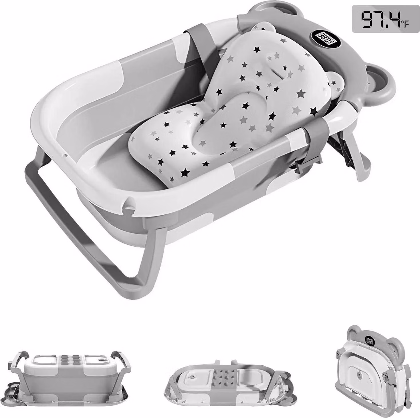 Vasca da bagno per bambini, design pieghevole, con termometro, GRIGIO