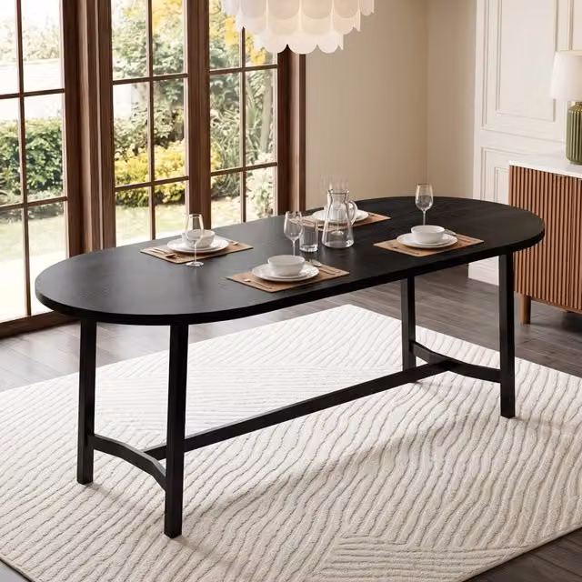 Tavolo da pranzo 180x80 cm in MDF e ferro, per 6-8 persone, nero, angoli arrotondati