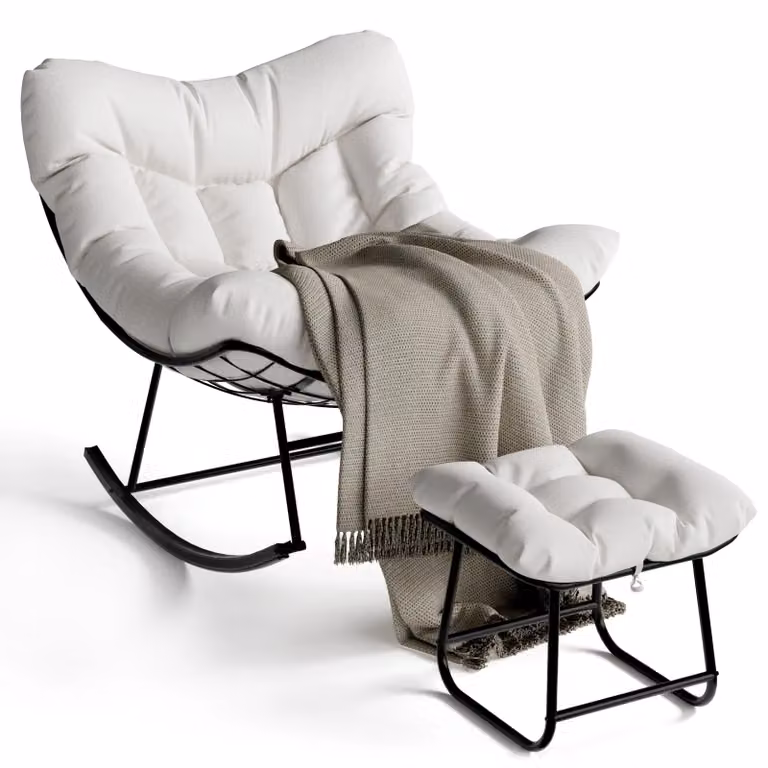 Sedia a dondolo Papasan per esterni - Sedia a forma di uovo con struttura - Struttura in metallo - Rivestimento effetto rattan intrecciato - Cuscino spesso - Con poggiapiedi - Bianco