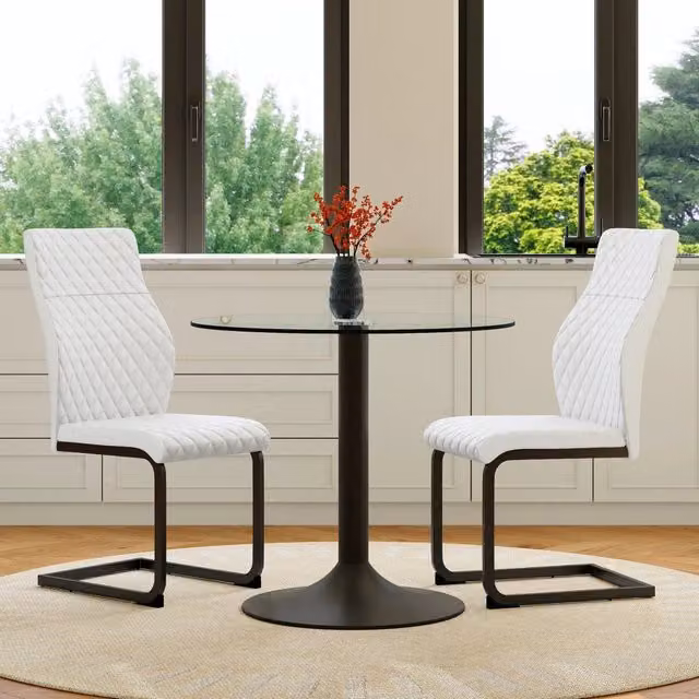 Set tavolo e 2 sedie Mivray moderno con tavolo rotondo in vetro trasparente e sedie in similpelle bianca