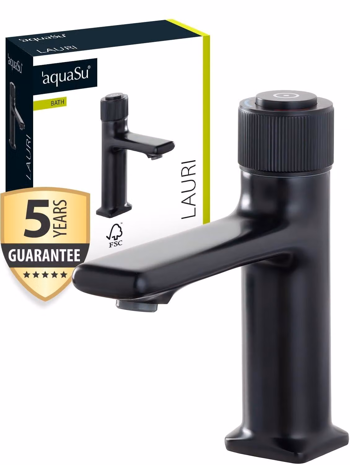 Miscelatore per lavabo Lauri, colore nero, con maniglia a rotazione, sistema di scarico a tappo a scomparsa, realizzato in ottone