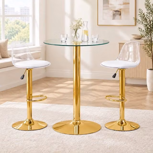 Set Bar flessibile con tavolo rotondo in vetro da 89 cm e 2 sgabelli trasparenti con gambe dorate regolabili in altezza e girevoli