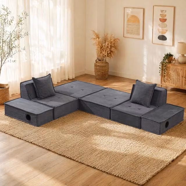 Pouf divano modulare in tessuto a coste grigio scuro; 162x78x66 cm