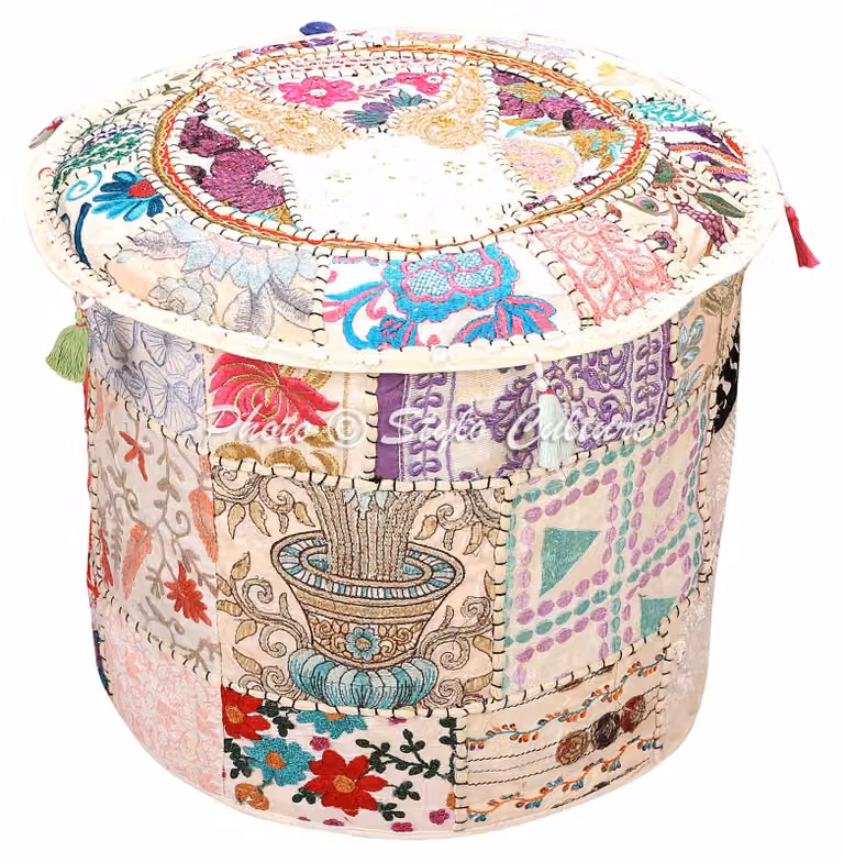 Copertura per pouf, bianca, in cotone, ricamata, motivo patchwork, forma rotonda, dimensioni 45x45x33 cm, solo rivestimento
