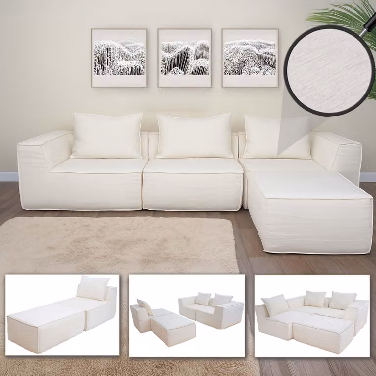 L-Sofa HWC-O54, divano lounge con pouf, allungabile e modulare a destra/sinistra, tessuto/tessuto 63x270x190cm ~ crema
